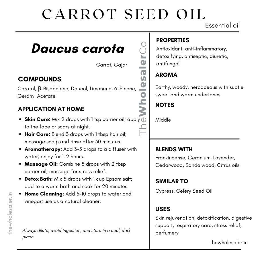 Daucus carota seed essential oil with common name, active compounds, properties,aroma, notes,blends with, similar to and uses of carrot seed essential oil