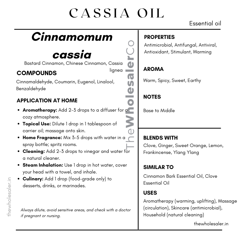 Cinnamomum cassia essential oil with common name, active compounds, properties,aroma, notes,blends with, similar to and uses of Cinnamomum cassia essential oil