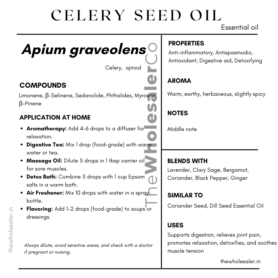Apium graveolens essential oil with common name, active compounds, properties,aroma, notes,blends with, similar to and uses of celery seed essential oil