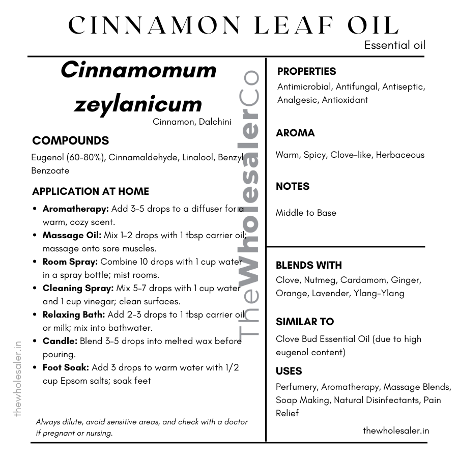Cinnamomum zeylanicum leaf essential oil with common name, active compounds, properties,aroma, notes,blends with, similar to and uses of Cinnamon Leaf Oil