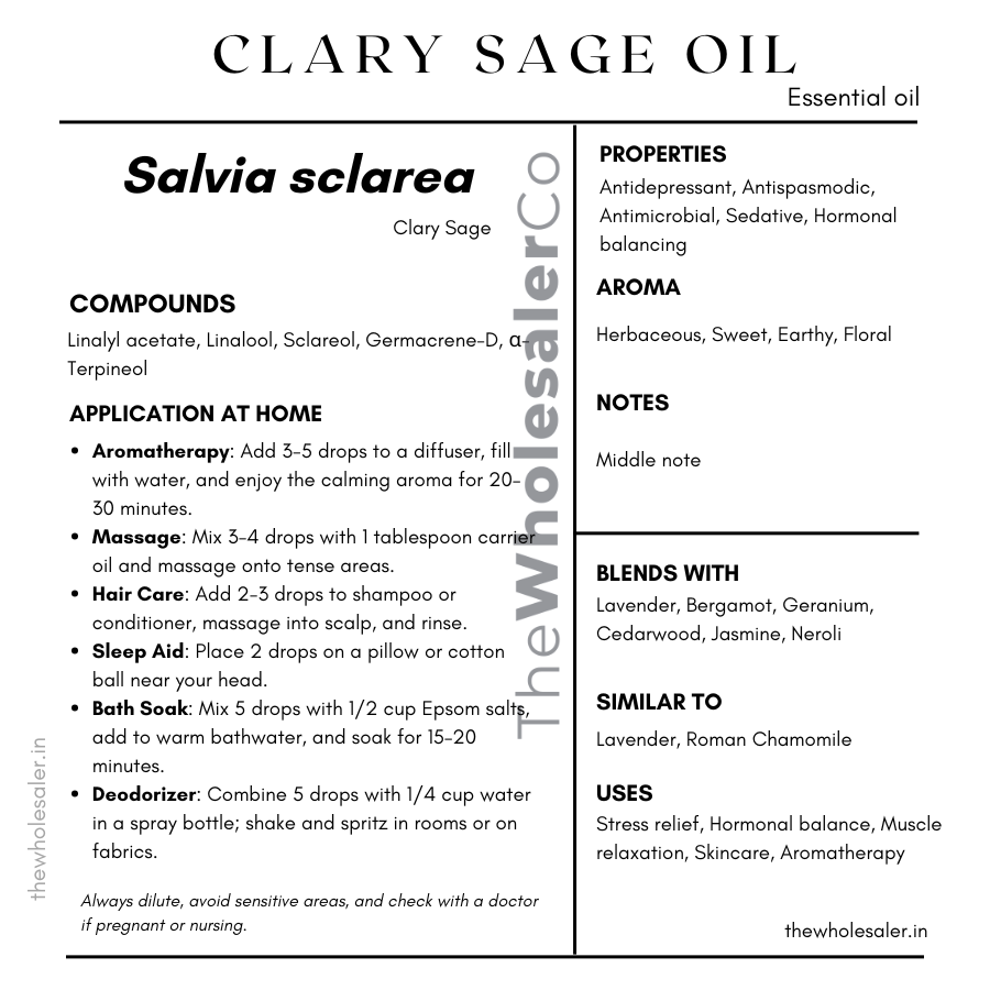 Salvia sclarea essential oil with common name, active compounds, properties,aroma, notes,blends with, similar to and uses of clary sage essential oil