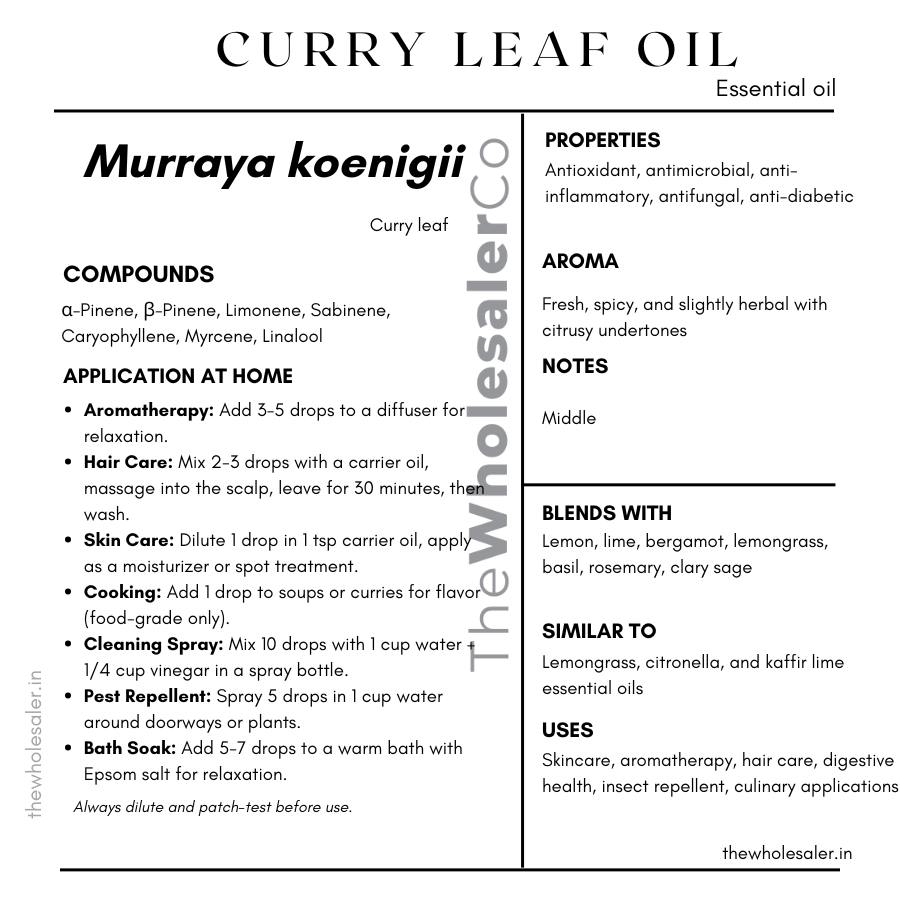 Murraya koenigii essential oil with common name, active compounds, properties,aroma, notes,blends with, similar to and uses of Curry leaf essential oil