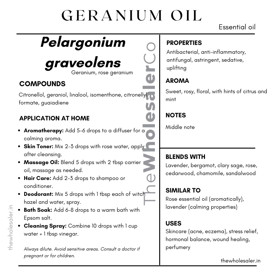 Pelargonium graveolens essential oil with common name, active compounds, properties,aroma, notes,blends with, similar to and uses of Pelargonium graveolens essential oil