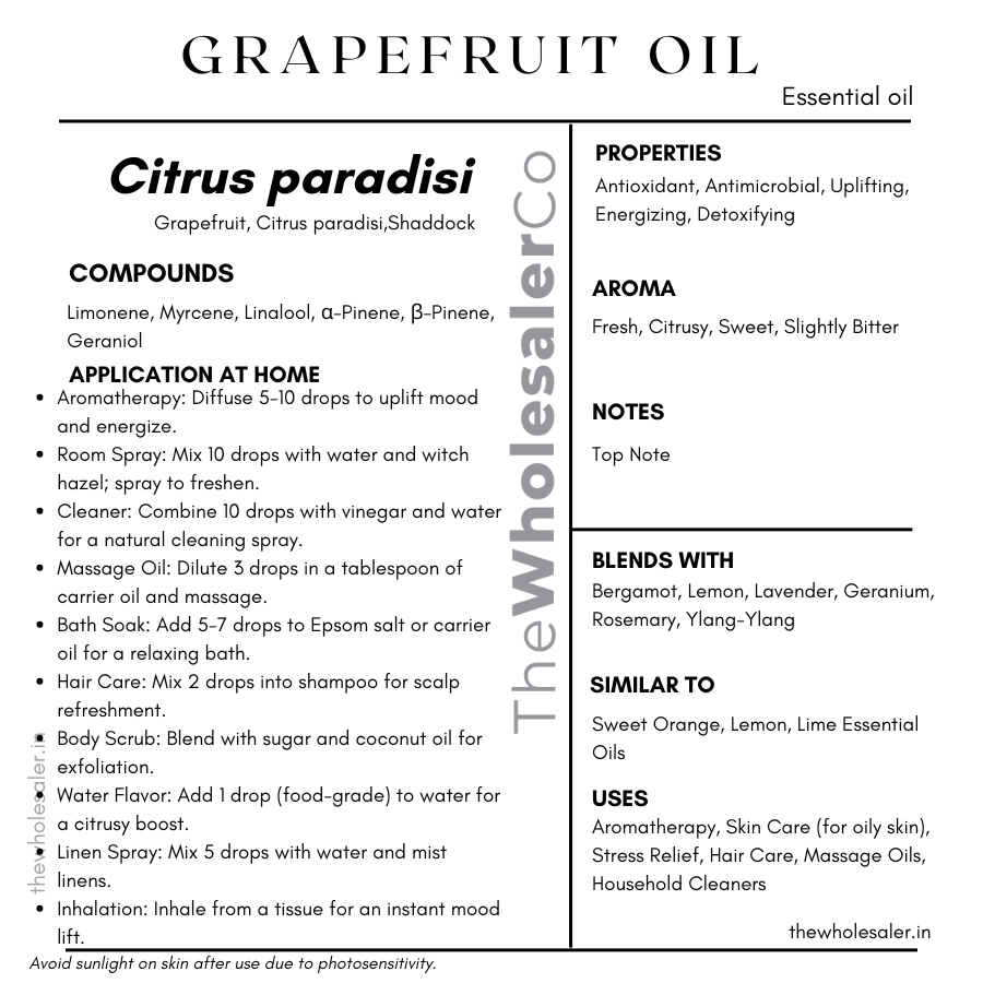 Citrus paradisi essential oil with common name, active compounds, properties,aroma, notes,blends with, similar to and uses of Grapefruit essential oil