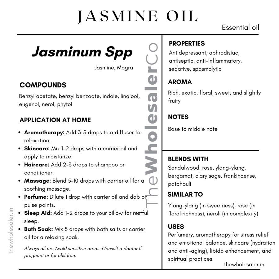 Jasminum Spp essential oil with common name, active compounds, properties,aroma, notes,blends with, similar to and uses of Jasminum Spp essential oil